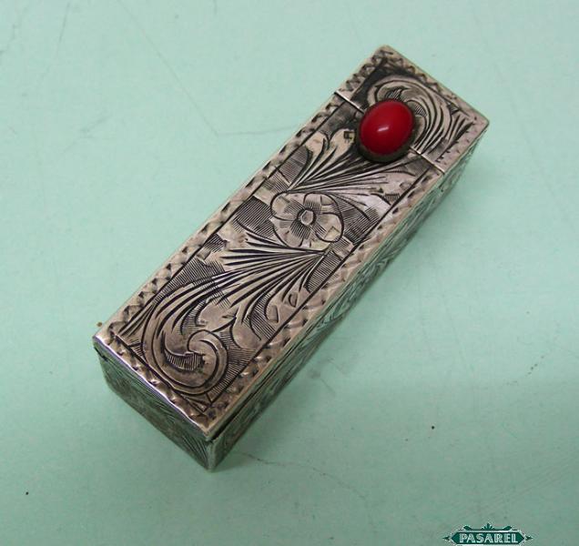 Vintage Floral Engraved Italian 800 Silver Green Stone Lipstick