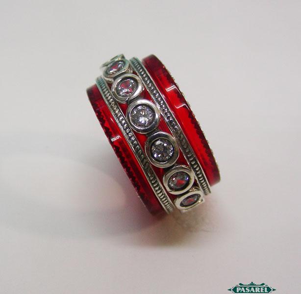 Pasarel - Sterling Silver CZ & Red Acrylic Swiveling Band