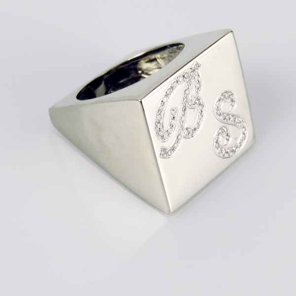 Pasarel - 14k White Gold Diamond Personalized Monogram Initial Signet Ring